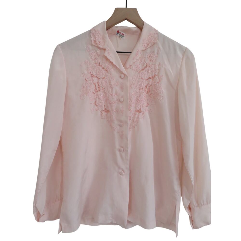 Rose Brand Women Sz S Pink Silk Button Front Top Hand Embroidered Pink Feminine